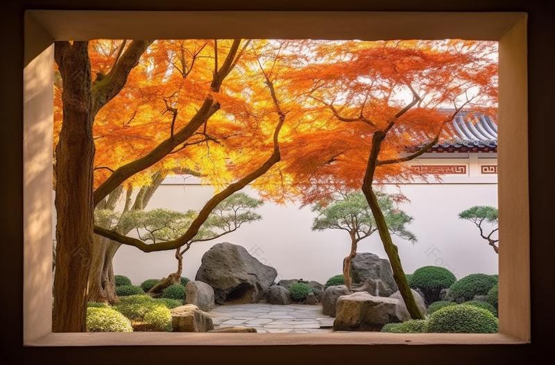 中国杭州绚丽多彩的秋景从窗户口望向室外园林枫树树木秋季景色图像摄影,高清,摄影图,摄影图片,图片大全,摄影图免费下载